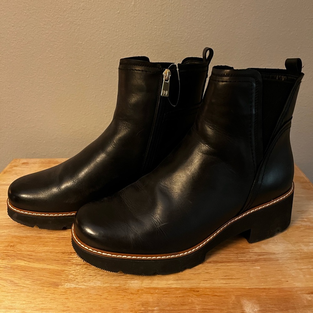 Black leather ankle boot, size 10 WIDE, waterproof with rubber sole. Never worn!